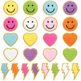 24pcs Colorful Chenille Embroidered Patches Preppy Iron on Patches for Girls Cute Glitter Lightning Bolt Sew on Applique DIY Craft Accessories for Backpacks Clothing Jackets Hats