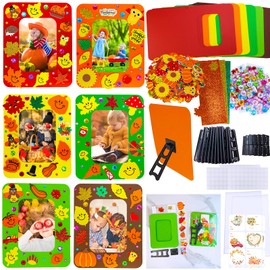 Winlyn 24 Sets Fall Craft Kits DIY Fall Thanksgiving Picture Frame Decorations Art Sets Pumpkin Owl Turkey Smile Face Autumn Leaf Foam Stickers Arts and Crafts for Kids Party Classroom Activities