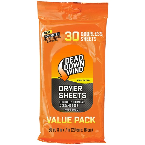 Dead Down Wind Dryer Sheets | Odor Eliminator for Hunting Gear + Hunting Accessories | Anti-Static, Biodegradable Unscented Sheets | 1 Resealable Package