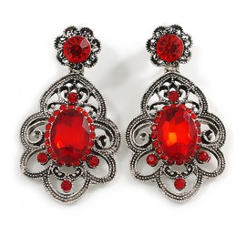 Victorian Style Filigree Red Crystal Clip On Earrings in Aged Silver Tone - 45mm L
