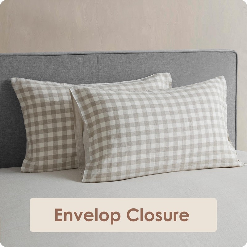 DAPU Linen Sheets Set Full, Gingham Check Plaid 100% Washed