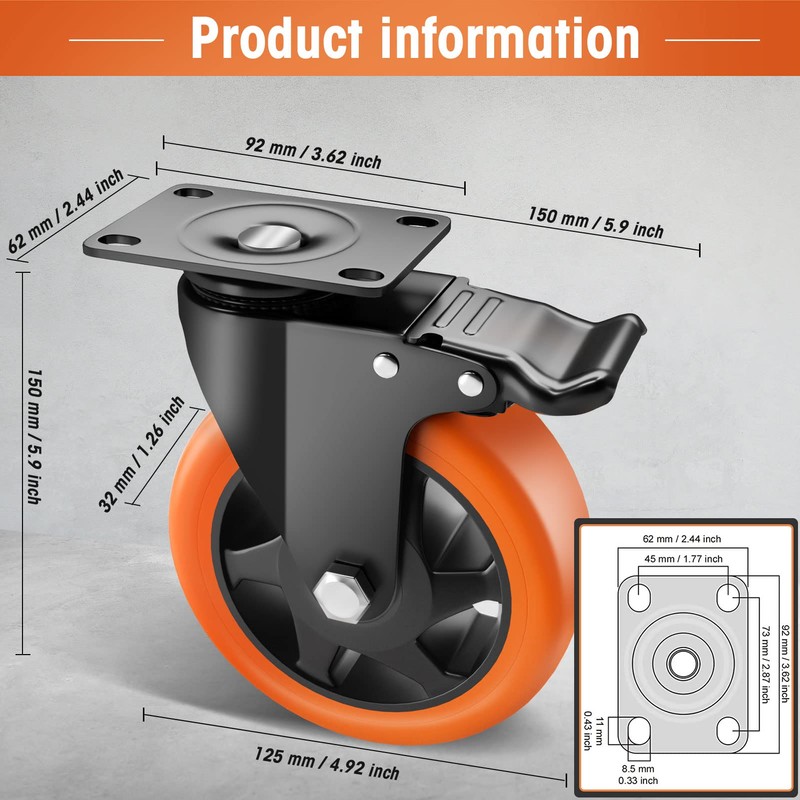 ASRINIEY 5" Caster Wheels - Orange Polyurethane Swivel Wheels With