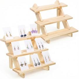 HANLANXUE 3 Tier Wooden Display Stand, 2 Pack Earring Display Stands For Selling Detachable Wood Tiered Jewelry Card Show Stand for Jewelry Cupcake Party Home Photo Outdoor Stalls