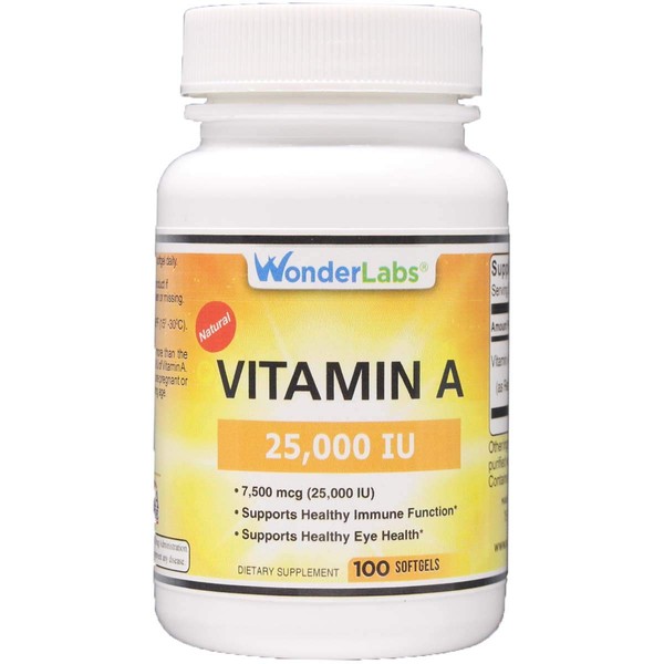 Wonder Laboratories Natural Vitamin-A Oil 25,000 IU as Retinyl Palmitate, from Cod Fish Liver Oil, 100 Softgels