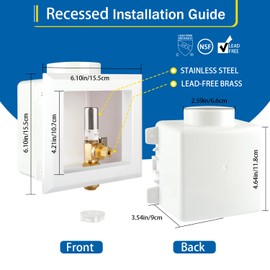 Ice Maker Outlet Box with Center Drain, 1/2" Push-Fit Inlet x 1/4" OD Compression Outlet Connection with 1/4-turn Shut-Off Ball Valve and and Stainless Steel Water Hammer Arrestor for Drinking Water