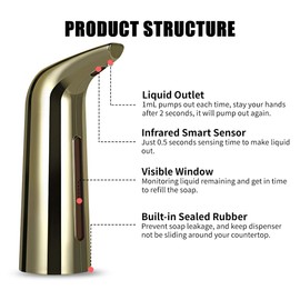 YaSao 400mL Automatic Soap Dispenser Infrared Hand-Free Touchless Soap Dispenser Dish Liquid Lotion Gel Shampoo Chamber Auto Hand Soap Dispenser for Bathroom Kitchen, Gold