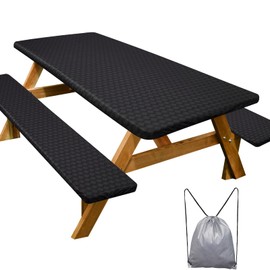 Picnic Table Cover with Bench Covers Camping Essentials Waterproof Windproof Camping Tablecloth with Drawstring Bag, Fitted Rectangle Tables and Seats, 60in, Black