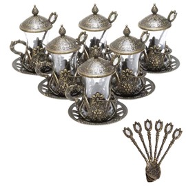 Alisveristime (Set of 6) Handmade Turkish Tea Water Zamzam Serving Set Glasses Saucer and Spoon (Autentic Color)
