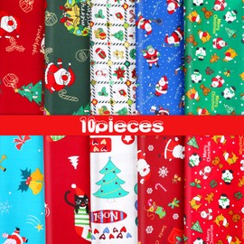 Qpout 10 Pieces Christmas Fabrics Cotton Fabric Bundles Multicolor Fabric Patchwork Mixed Squares Christmas Fabric Fat Quarters Sew for Christmas Ornaments 19.5x19.5inc