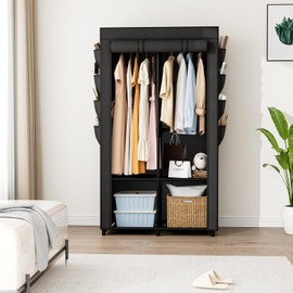 BrFoYu Portable Closet for Hanging Clothes, Portable Wardrobe Closet with Cover, 4 Storage Shelves, 2 Hanging Rods and 8 Side Pockets, Easy Assembly and Sturdy Free Standing Closet for Bedroom, Black