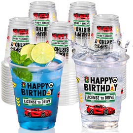 50 PCS Driver License Birthday Plastic Cups,12 OZ Clear Disposable Cold Hot Drinking Cups Beverage Water Container Race Car Themed 16th Birthday Party Supplies