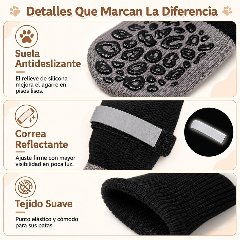 4 Calcetines Antideslizantes para Perros con Tira Reflectante Ajustable,S