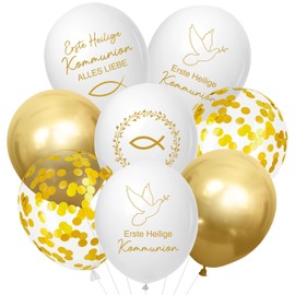 Cadimus Pack of 30 First Holy Communion Balloons, 5 Design Communion Decoration Girls Boy, Fish Motif, Dove Pattern and Leaf Wreath, White Golden Confirmation Balloons Decoration
