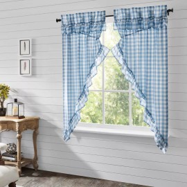 VHC Annie Buffalo Blue Check Ruffled PRAIRIE SHORT PANEL CURTAIN SET 63" Long