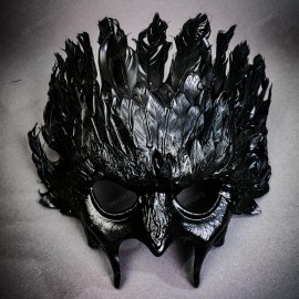 Masquerade Dark Raven Demon Masquerade Mask with Black Feather Crown and Gothic Beak
