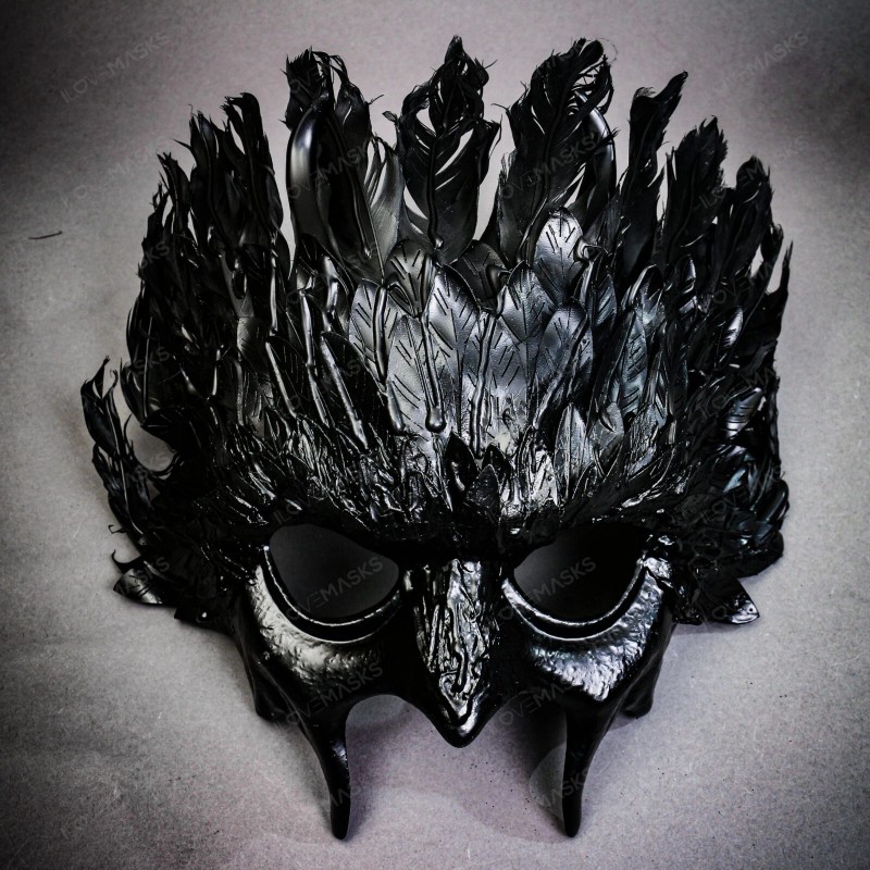 Masquerade Dark Raven Demon Masquerade Mask with Black Feather Crown