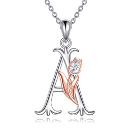 HKPATOP Initial Tulip Necklace 925 Sterling Silver Tulip Flower Initial A Pendant Alphabet Letter Script Name Necklace Jewelry Gifts for Women