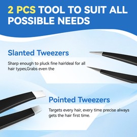 YISCOKO Professional Tweezers for Facial Hair Women,Stainless Steel Eyebrow Tweezers (2 Pcs,Black)