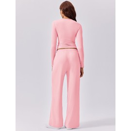 PINSPARK Fall Outfits for Women 2024 Crop Tops Elastic Waist Wide Leg Pants 2 Piece Matching Lounge Sets Comfy Vacation Tracksuit, Pink Medium