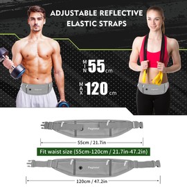 Peginmol Slim Running Belt Fanny Pack, Waist Pack Bag for Women Men, Running Pouch for Phone Waterproof Reflective with 3 Pouches, Running Phone Holder for Sports, Traveling (Grey)