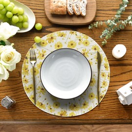 Artoid Mode Yellow Floral Daisy Bees Round Spring Placemats Set of 4, 15 Inch Summer Round Table Mats for Dining Decoration