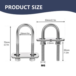 SRZTXU 16 Sets M6 U-Bolts,u-Bolts 1" (25mm) Wide,304 Stainless Steel u-Bolts,with Nuts,Bolt Plate and washers (16, M6 x 25mm x 70mm)