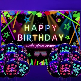 OHWOKIKY Glow in the Dark Party Supplies, Happy Birthday Backdrop with 18pcs UV Neon Balloons for Birthday Decorations