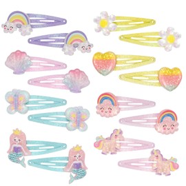 Pack of 16 Hair Clips Girls Glitter Hair Clips Children Multicoloured Unicorn Mermaid Butterfly Flowers Hearts Rainbow Hair Clips Cute Hair Accessories for Toddlers Children Girls Women