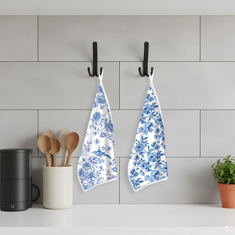 VISSTREE Chinoiserie Floral Kitchen Towels, 4 PCS White Blue Flowers