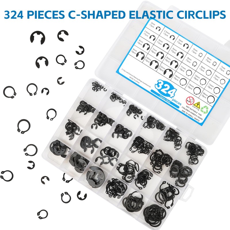 324 Piece Circlips Set, Snap Ring Metal C-Clip, C-Clips, Circlip