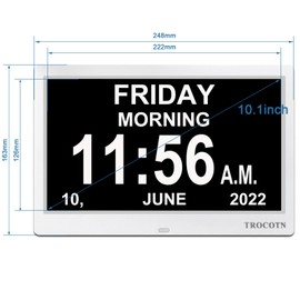 TROCOTN 10 Inches Digital Clock Day Clock Large Display Alarm Clock Wall Clock (White)