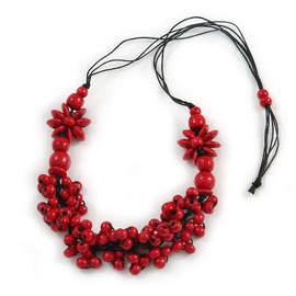 Avalaya Cherry Red Wood Bead Cluster Black Cotton Cord Necklace - 76cm L/Adjustable