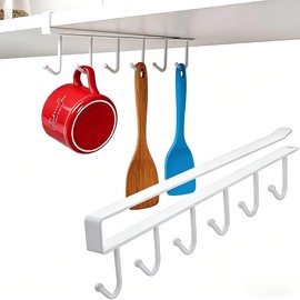 CXY Kitchen Utensil Hanger with 6 Hooks, No Drill Under Cabinet Hooks for Measuring Cup Organizer, Iron Utensil Hanger, Camper Storage and Space Saving Rack for Spatula and Mug
