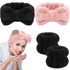 Chuangdi 4 Pcs Microfiber Headband Spa Wristbands and Wrist Bands for Washing Face Cuffs Towel Wristbands Hair Headband Face Wash Cuffs for Women Makeup(Black, Pink)