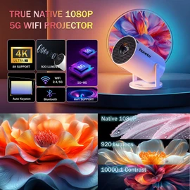 [Built-in App] Mini Projector 1080P, 4K Projector Full HD with WiFi 6 and Bluetooth 5.2, Support 180° Rotatable Portable Projector with Auto Keystone Correction, Compatible with Phone/HDMI/USB-White