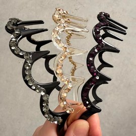 LONEEDY Wave Rhinestone and Crystal Teeth Comb Headbands For Women, Non-slip Hard Headbands (Big Tooth (gray + gold + purple))