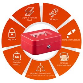 Jazooli Heavy Duty Metal Cash Money Coin Box Bank Deposit Steel Tin Security Safe Petty 2 Keys Lock Lockable Jewellery Passports Documents Security Case, Red, 8”