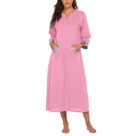 Ekouaer Robes for Women Zipper Robe 3/4 Sleeves Loungewear Full Length Sleepwear Pockets Housecoat Nightgown Long Bathrobe