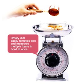 Tada 11lb Analog Mechanical Kitchen Weighing Food Scale with Bowl, Tare Function, Retro Style, Stainless Steel