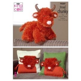 King Cole 9089 Knitting Pattern Highland Cow Toy & Cushion Covers in King Cole Tinsel Chunky