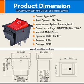 OURUI Rocker Switch 2 Pcs AC 20A 125V, 16A 250V DPST 4 Pins 2 Position On Off Red LED Light Snap in Toggle Switch for Car Boat Household Appliances
