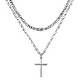 Silver Chain Cross Necklace for Men Stainless Steel Mens Cross Necklace Silver Religious Necklace Gifts for Men and Boys 6-side Cut