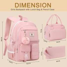 School Backpack for Teen Girls Women College Laptop Backpacks Kids Cute Bookbag Set with Lunch Box Pencil Case Elementary Middle High Campus Bag 3 Pcs Students Bookbags Sets Travel Daypack-Pink