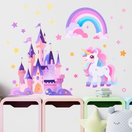 RoyoLam Cartoon Unicorn Rainbow Castle Star Wall Decals Nursery Preschool Fairy Wall Stickers for Kid Baby Girl Removable Peel and Stick Wall Art Decor Stickers for Living Room Bedroom Playroom