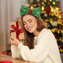 MexLuyu Christmas Headband Sequin Bow Hairband Big Bowknot Hair Hoop Non Slip Holiday Headpiece Xmas Hair Accessories for Women Christmas Hair Decoration