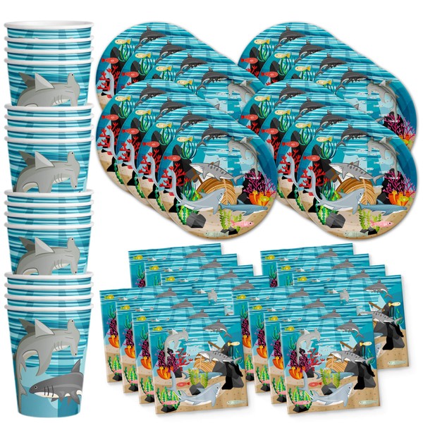 Shark Birthday Party Supplies - Ocean Animal Theme Party Supplies - Coral Reef Party Supplies | Tableware Set Includes Plates, Napkins and Cups | Kit for 16