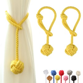 OCIOLI 2 Pieces Curtain Tiebacks Curtain Holdbacks Curtain Ties with Big Woven Ball Outdoor Curtain Tiebacks Cotton Hand Woven Curtain Rope tiebacks Decorative Tie Backs for Drapes (Yellow, 2)