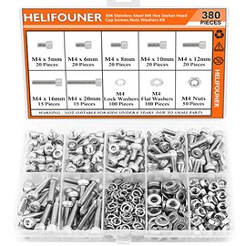HELIFOUNER 380 Pieces M4 x 5mm /6mm /8mm /10mm /12mm /16mm /20mm, Hex Socket Head Cap Screws Bolts Washers Nuts Kit, 304 Stainless Steel