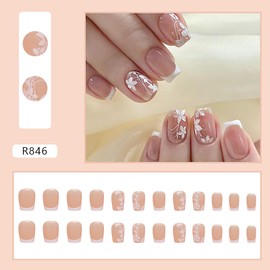 RTKHFZE Press on Nails French Tip Short Fake Nails Square Acrylic Nails with Cute Flower Designs Artificial Nails Pink False Nails Stick on Nails for Women Manicure 24Pcs