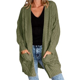 Miladusa Women's Cardigan Sweaters Long Sleeve Plus Size Solid Cable Knit Open Front Outerwear with Pockets ArmyGreen